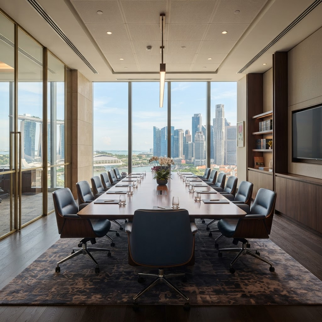 Modern law firm boardroom overlooking the Singapore skyline